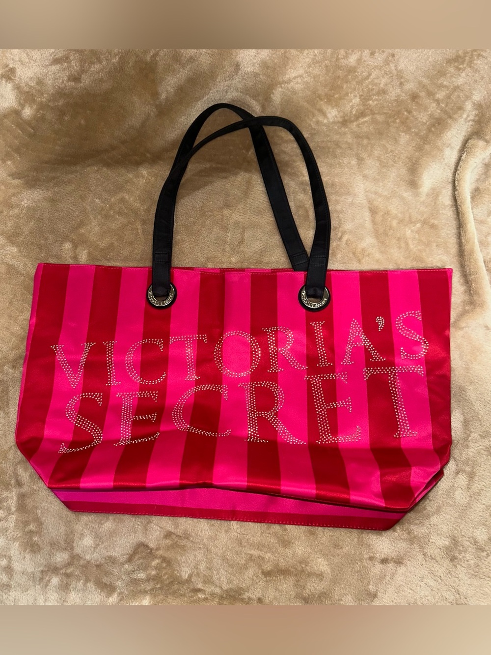 Victoria's Secret Hot Pink and Red Stripe Rhinestone Logo Tote